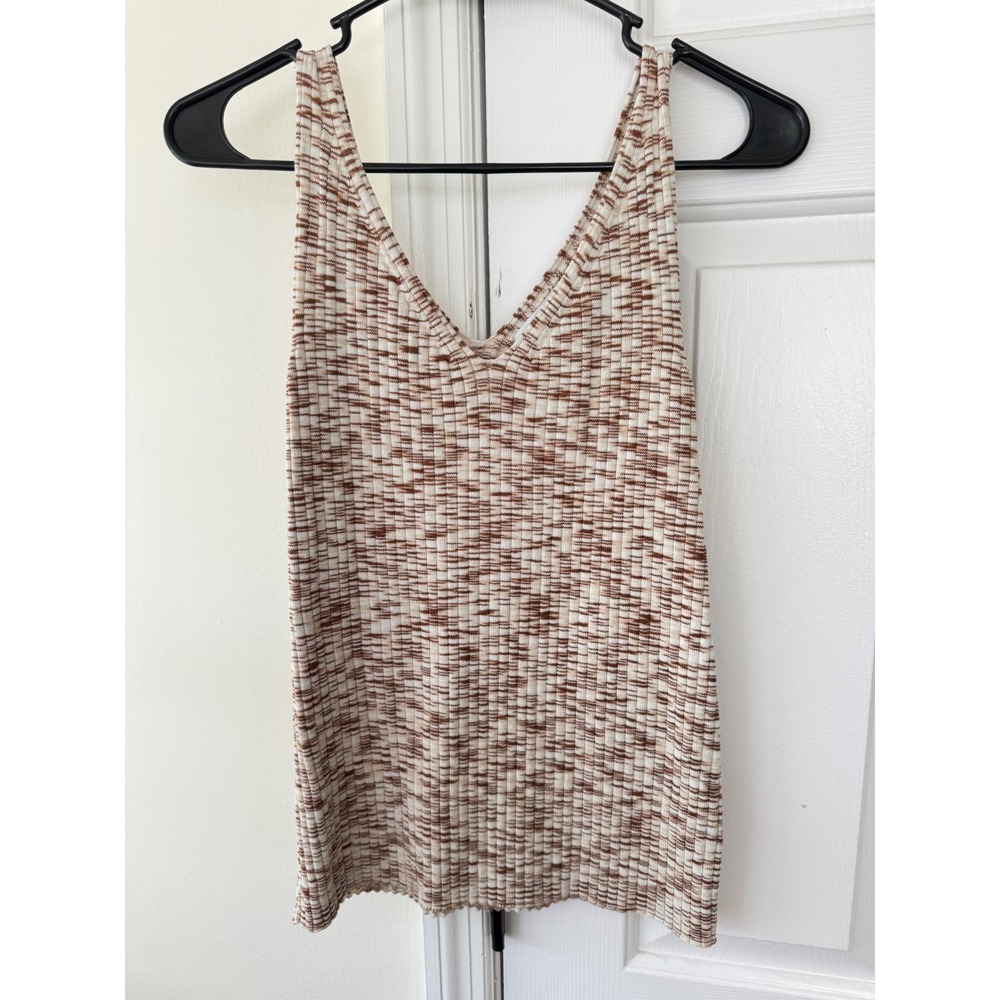 Nine West Knit Tank Top Women's Size M Brown White‎ Marled V Neck Ribbed